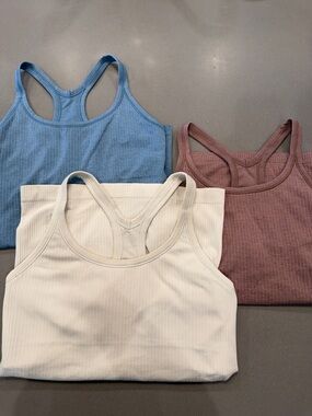 Lululemon (3) Ribbed Racerback Tank Tops - Blue, Mauve, Cream